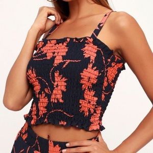 Navy blue floral smocked crop top